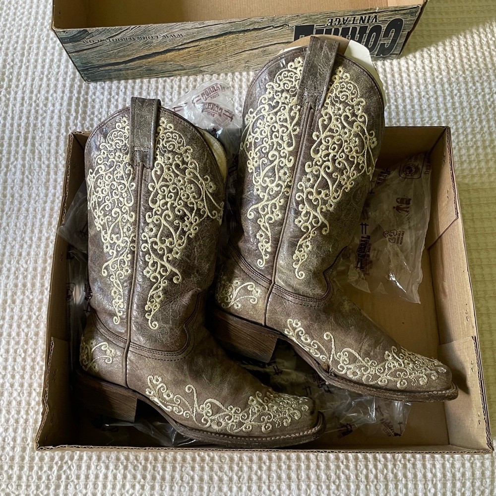 Corral Bone Embroidery Square Toe Brown Crater Western Boots A2663